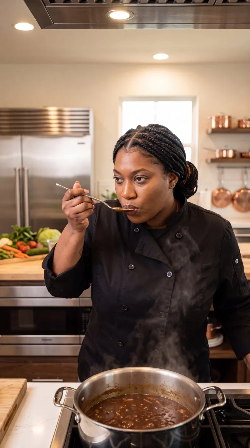 Chef Breana tasting a simmering sauce at the stove