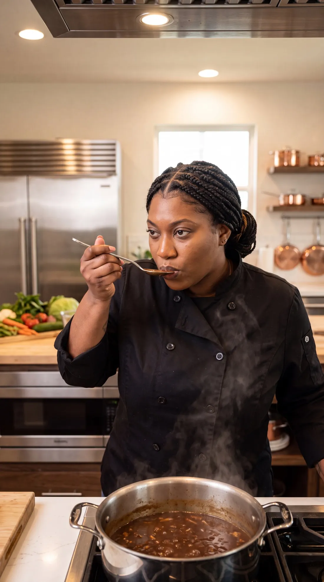 Chef Breana tasting and evaluating a dish mid-service