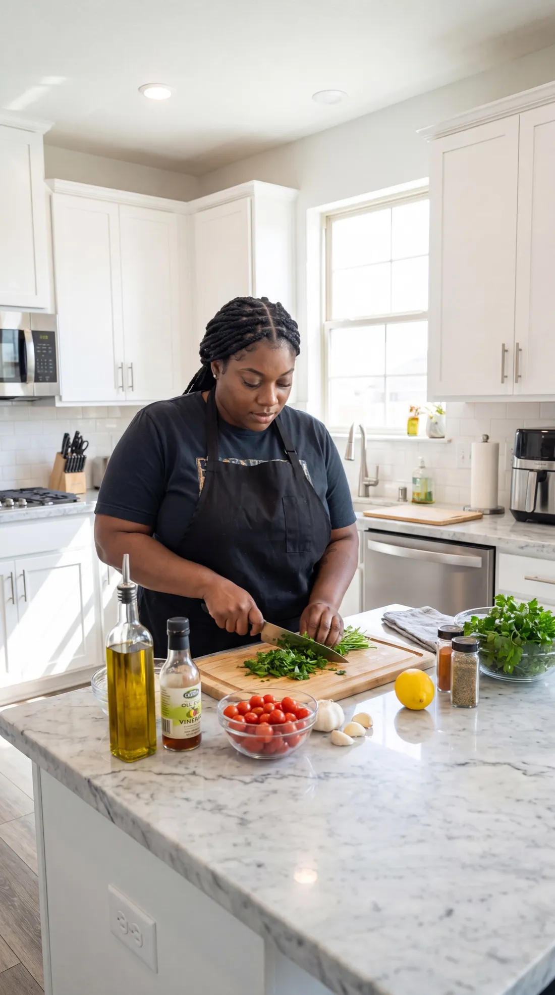 Chef Breana demonstrating knife technique with fresh herbs