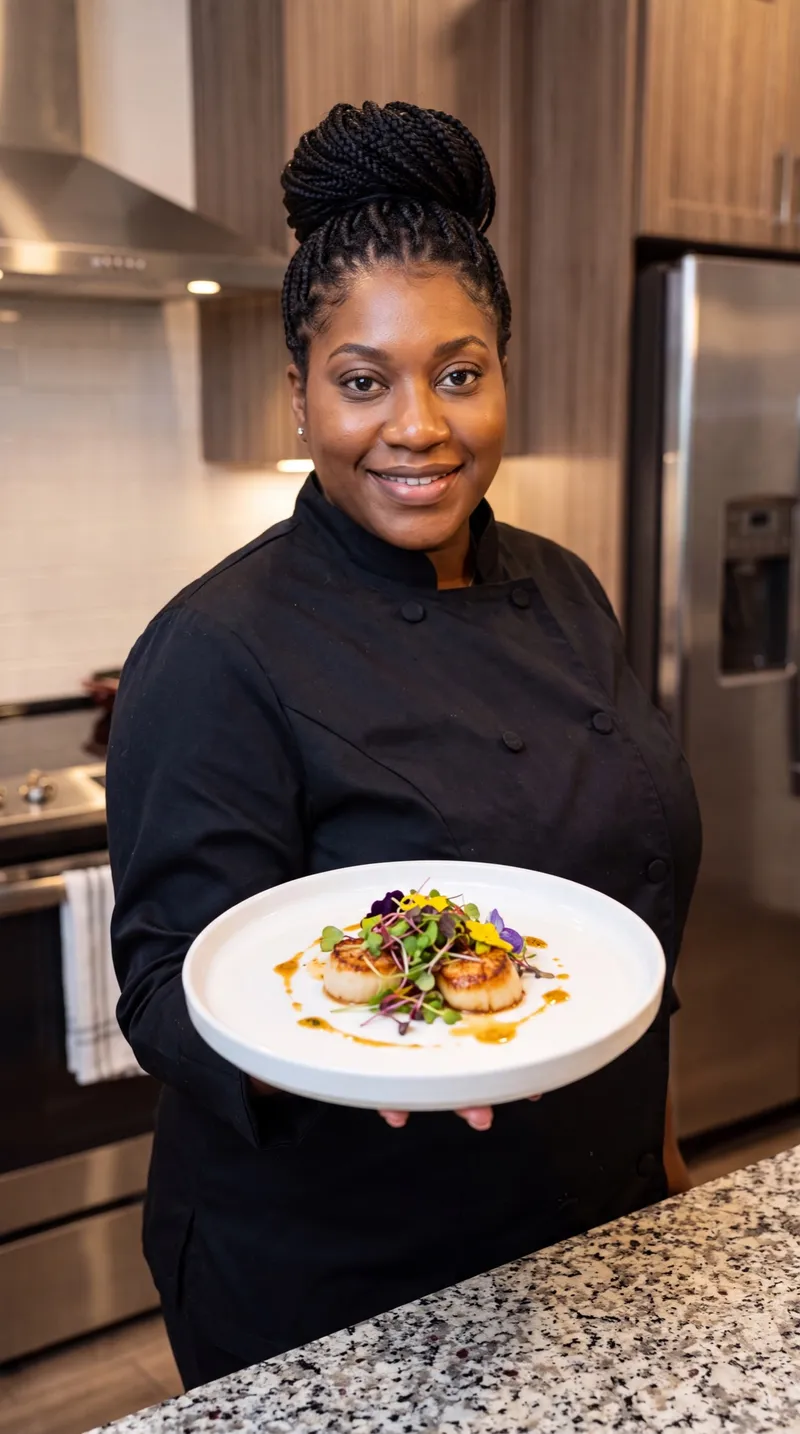 Chef Breana presenting a plated dish at a private chef’s table