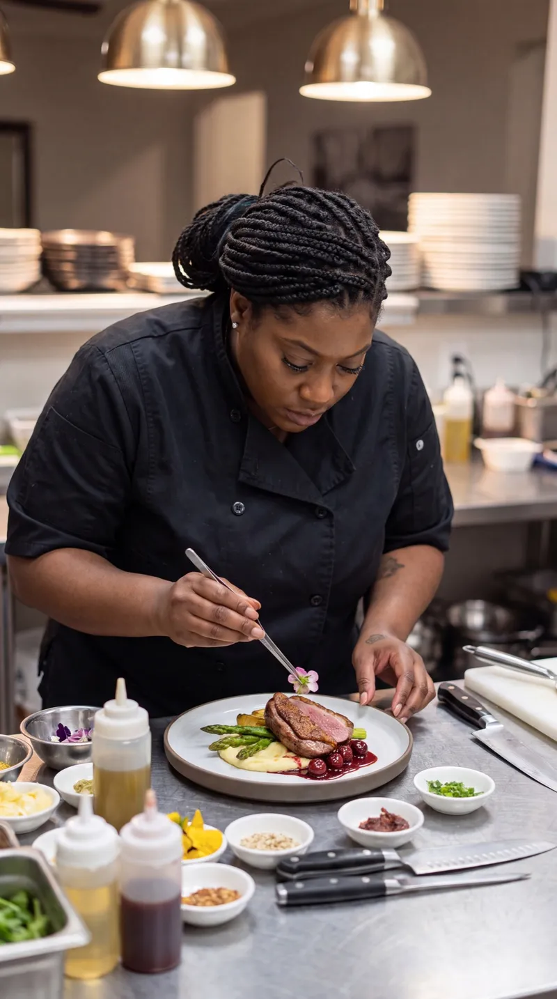 Chef Breana finishing a plated dessert with precision